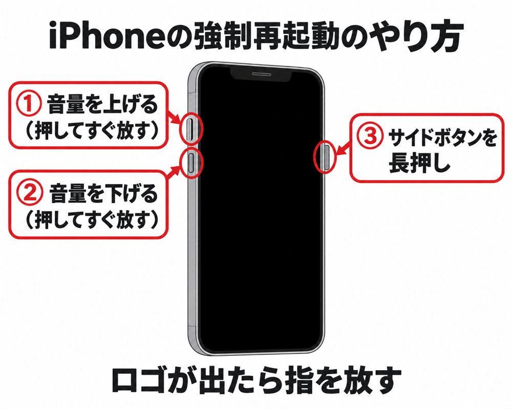 iPhoneの強制再起動のやり方（音量を上げる&rarr;音量を下げる&rarr;サイドボタンを長押し）