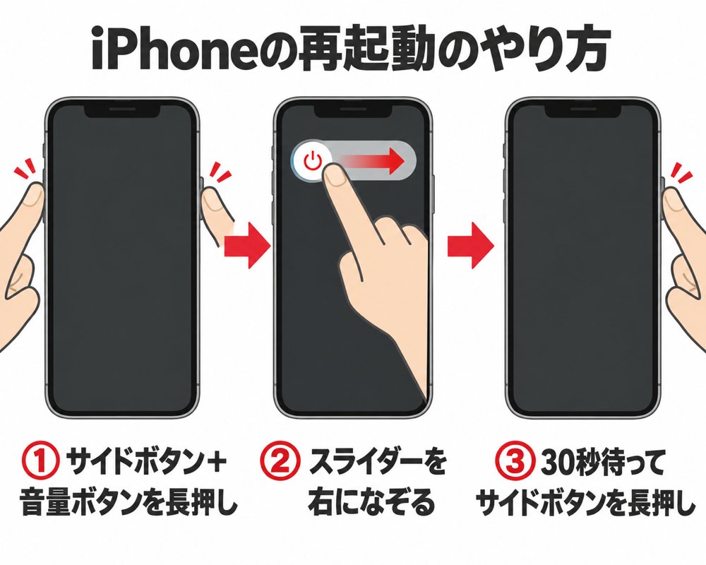 iPhoneの再起動のやり方（サイドボタン＋音量ボタンを長押し&rarr;スライダーを右になぞる&rarr;30秒待ってサイドボタンを長押し）