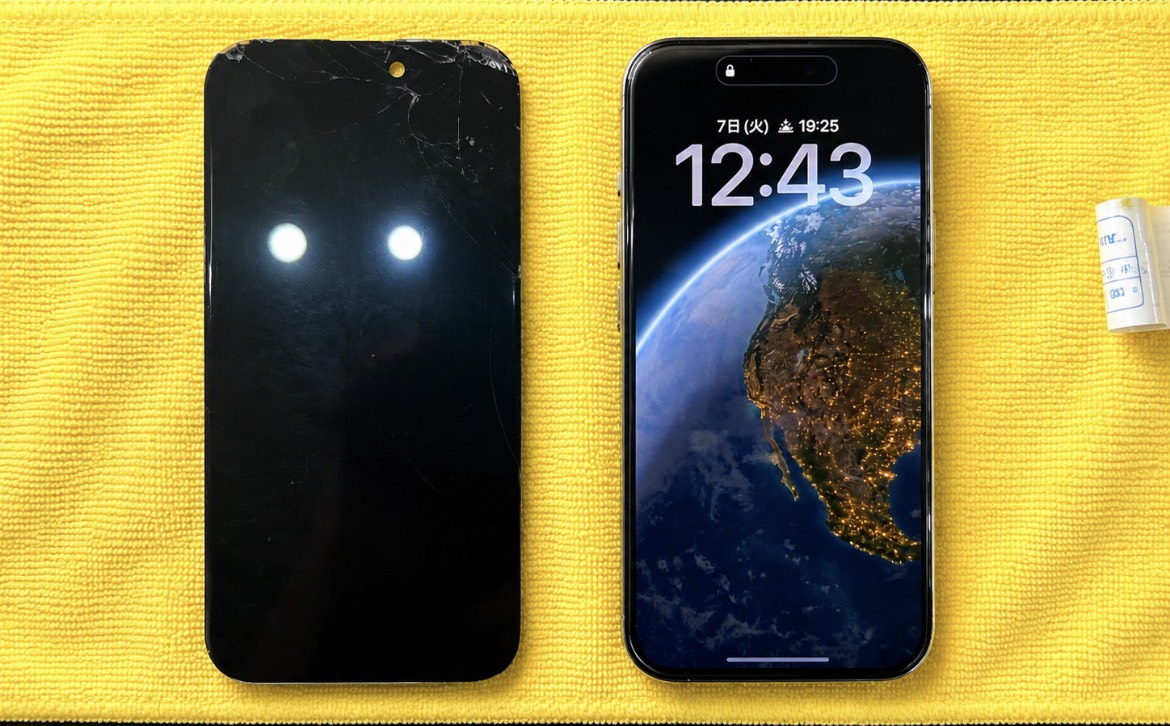 割れた画面パネルと交換修理後のiPhone