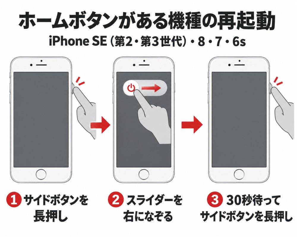 ホームボタンがある機種（iPhone SE 第2・第3世代・8・7・6s）の再起動のやり方（サイドボタンを長押し&rarr;スライダーを右になぞる&rarr;30秒待ってサイドボタンを長押し）