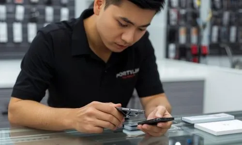 画面の端にヒビが入ったiPhoneをスタッフがカウンターでチェックしている様子のイメージ画像