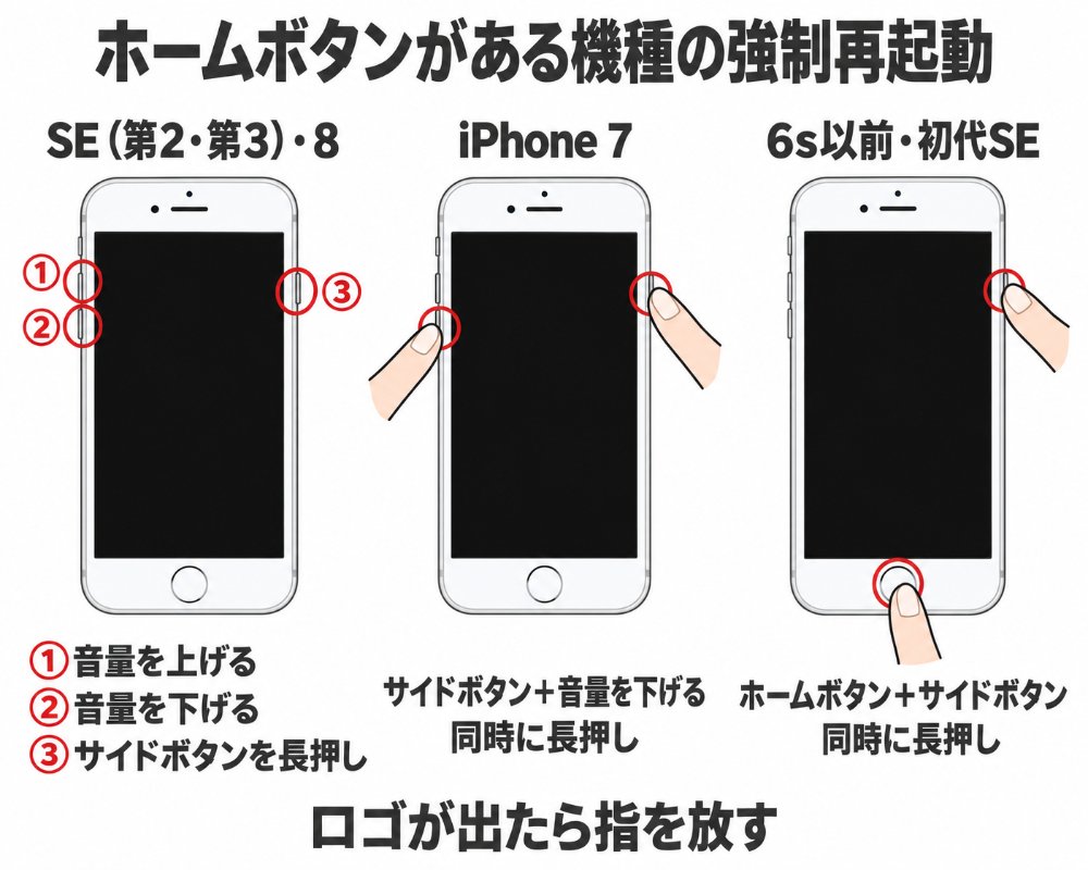 ホームボタンがある機種の強制再起動のやり方（SE 第2・第3世代・8は音量を上げる&rarr;音量を下げる&rarr;サイドボタン長押し、iPhone 7はサイドボタン＋音量を下げる、6s以前・初代SEはホームボタン＋サイドボタンを同時に長押し）