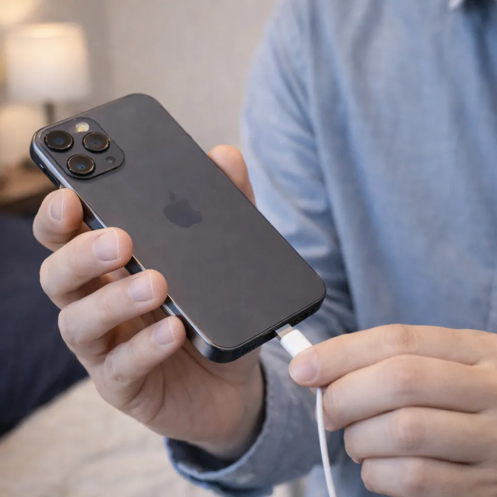 充電ケーブルをiPhoneに差し込んでいるイメージ写真