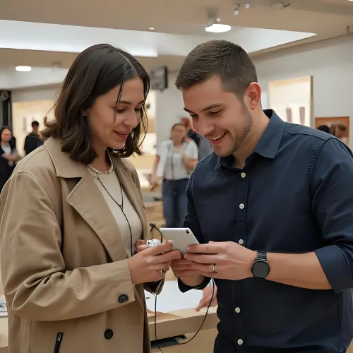 カウンター越しにスタッフとお客様がiPhoneとイヤホンの状態を一緒に確認しているイメージ画像