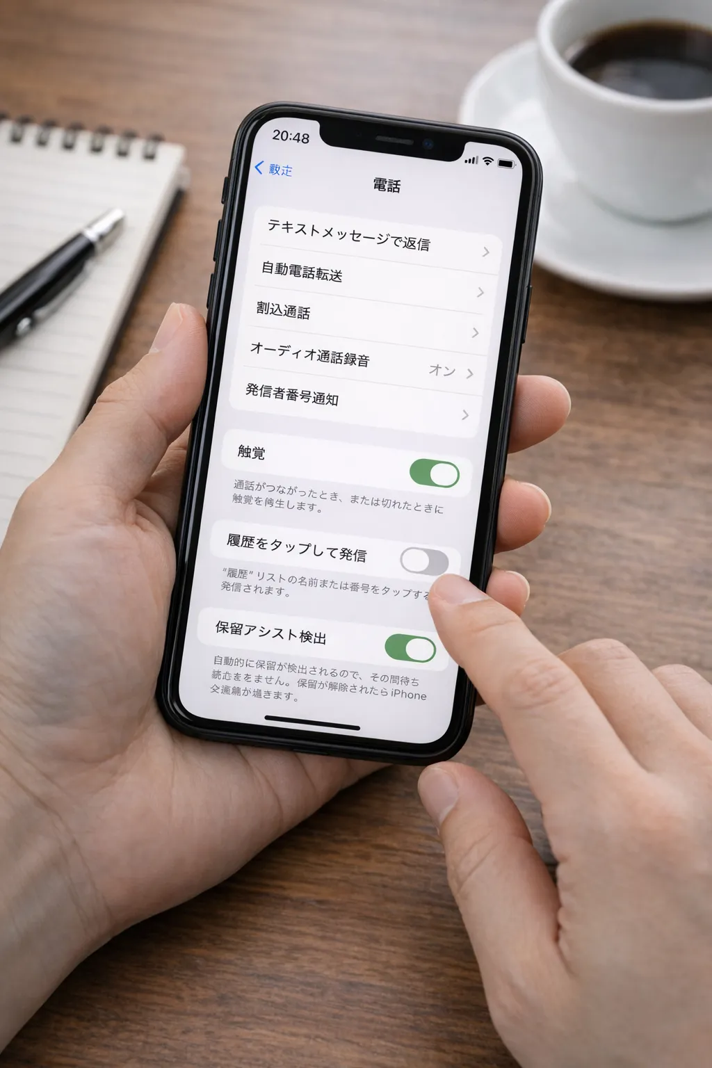 iPhoneの設定画面で着信スクリーニング機能を確認している様子
