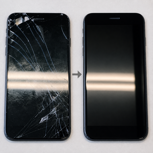 iPhoneの画面交換ビフォーアフター。割れたガラスが交換後にきれいになった状態